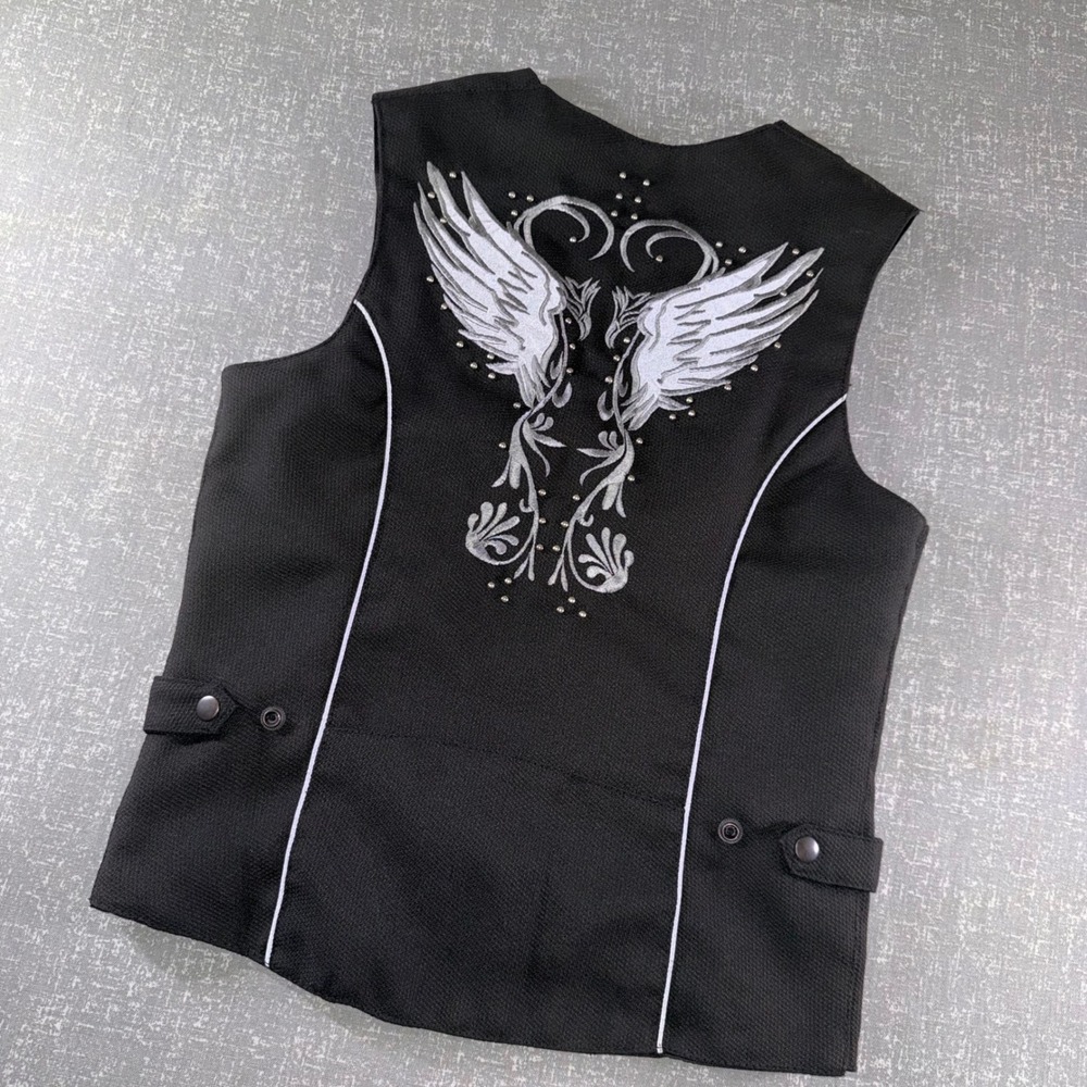 Vance Leathers Black Textile Biker Vest Silver‎ Wing Phoenix Embroidery Small